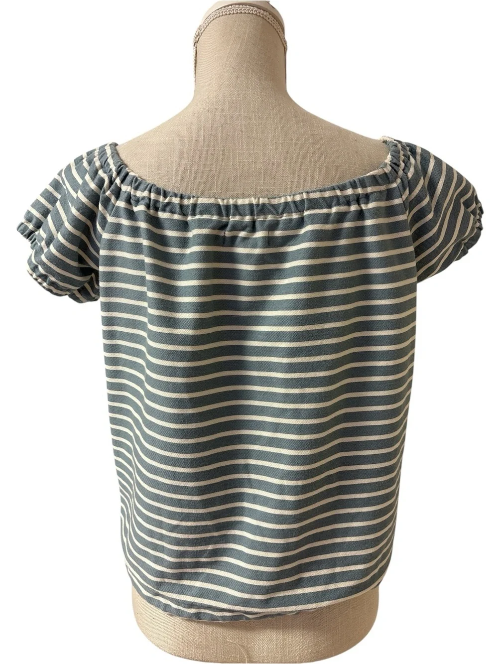 Madewell Striped Off-Shoulder Puff Sleeve Top in Blue and Cream Sz/L
